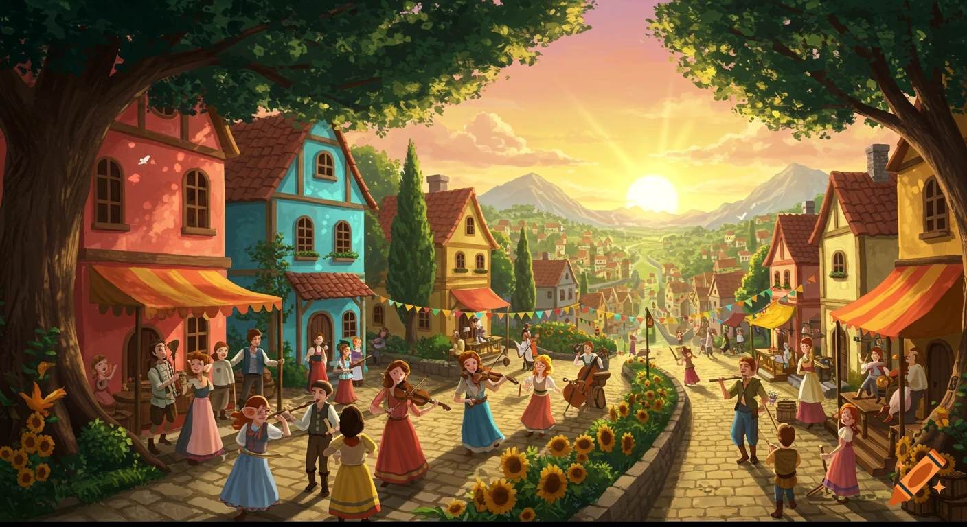 A vibrant illustration of a fantasy village at sunset, with colorful houses and people dancing and playing music in streets lined with sunflowers.