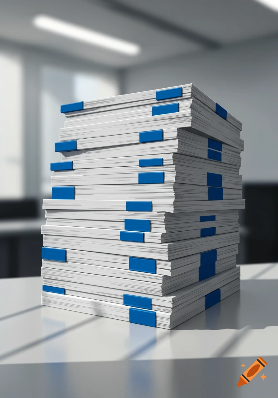 A tall stack of white A4 papers with numerous blue indexing tabs, sitting on a white desk in a blurred office background.