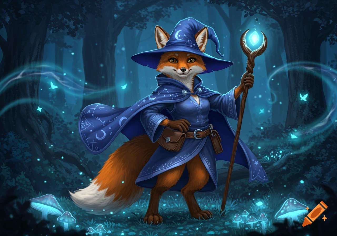 An anthropomorphic fox mage in a blue wizard hat and cape, holding a glowing staff in a magical forest.