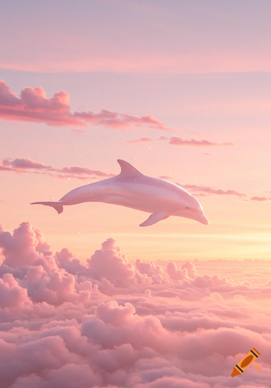 A dreamy pink dolphin gracefully glides above soft pink and orange clouds in a pastel sky.