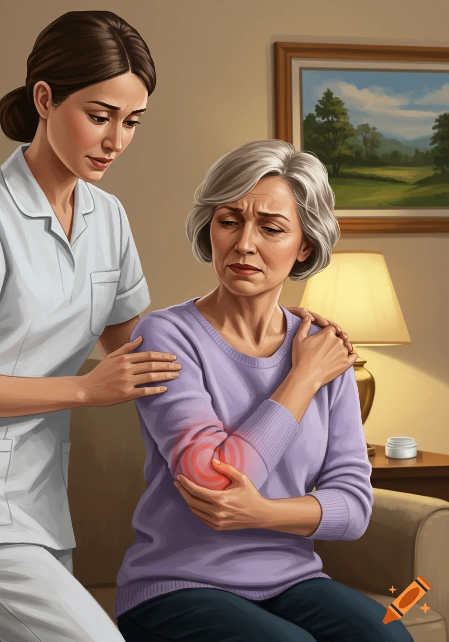 An illustration of a nurse comforting an older woman with elbow pain, indicated by red circles, in a home setting.