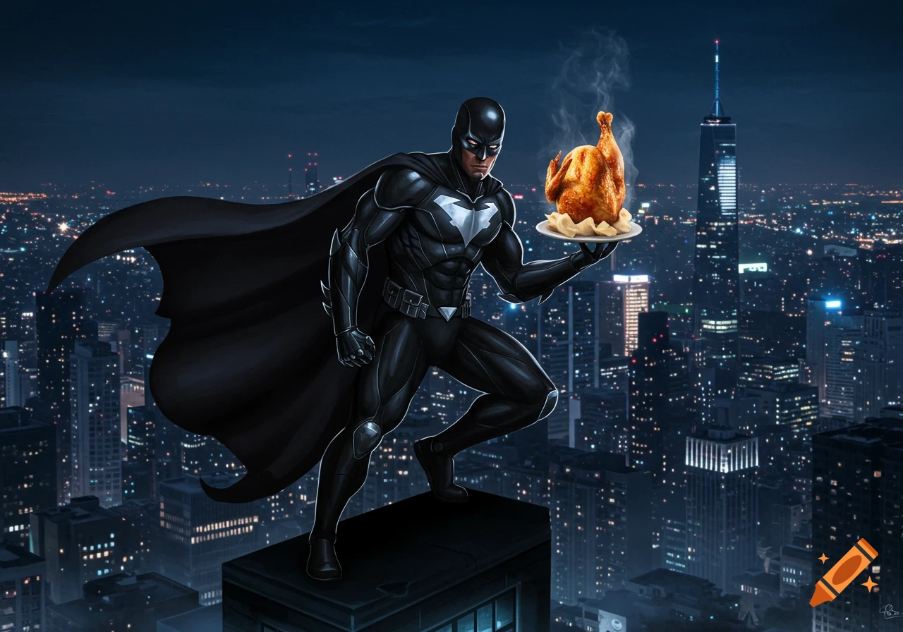 A dark superhero on a city rooftop at night holds a steaming roasted chicken on a plate.