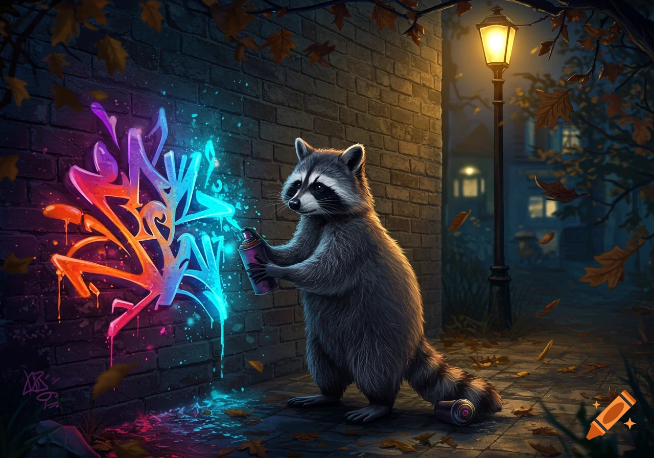 A fluffy raccoon spray paints vibrant neon graffiti on a brick wall at night, illuminated by a streetlamp.