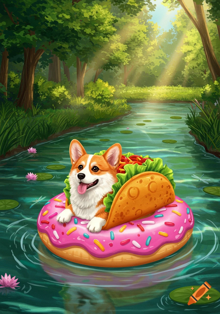 A cute corgi in a taco costume floats on a pink donut tube in a lush green river with lily pads and trees. Illustration.