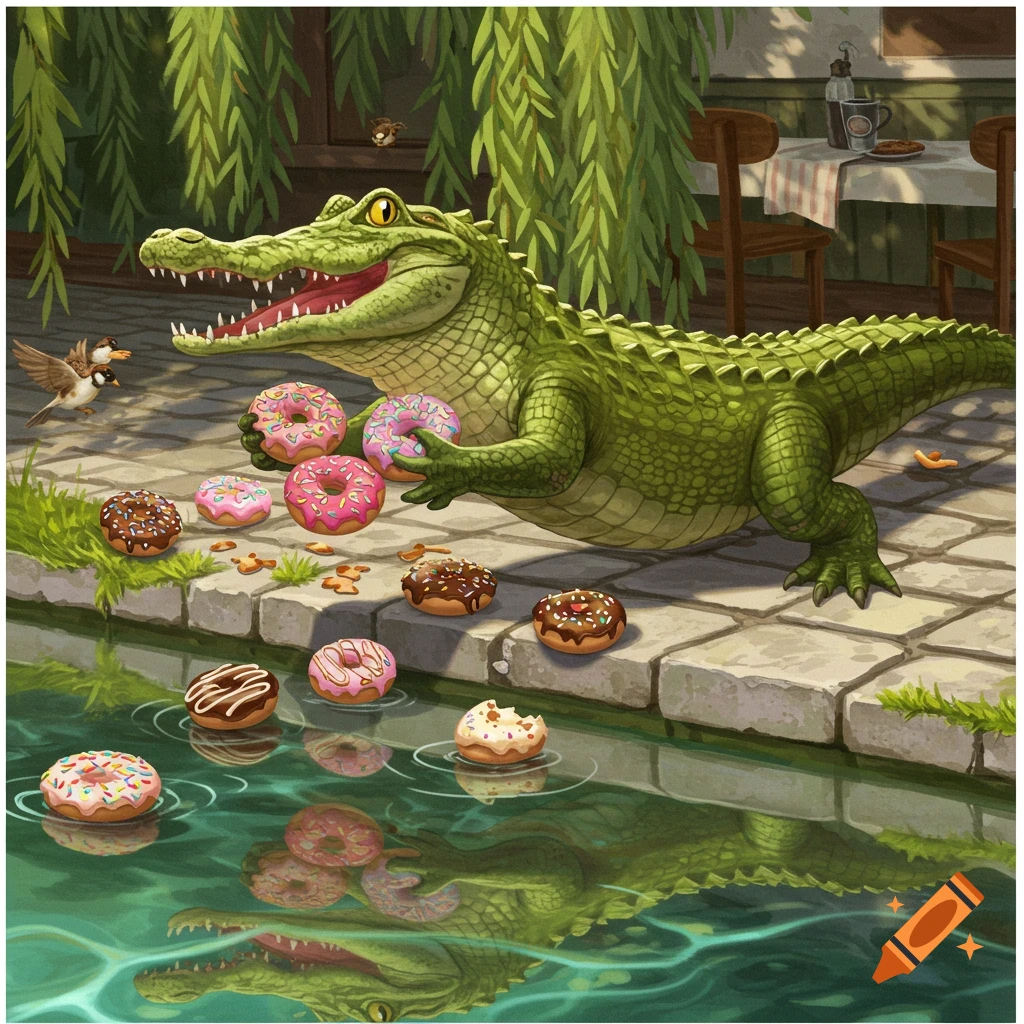 A cheerful cartoon alligator holds pink donuts while others float in water next to a cafe, in an illustrative style.