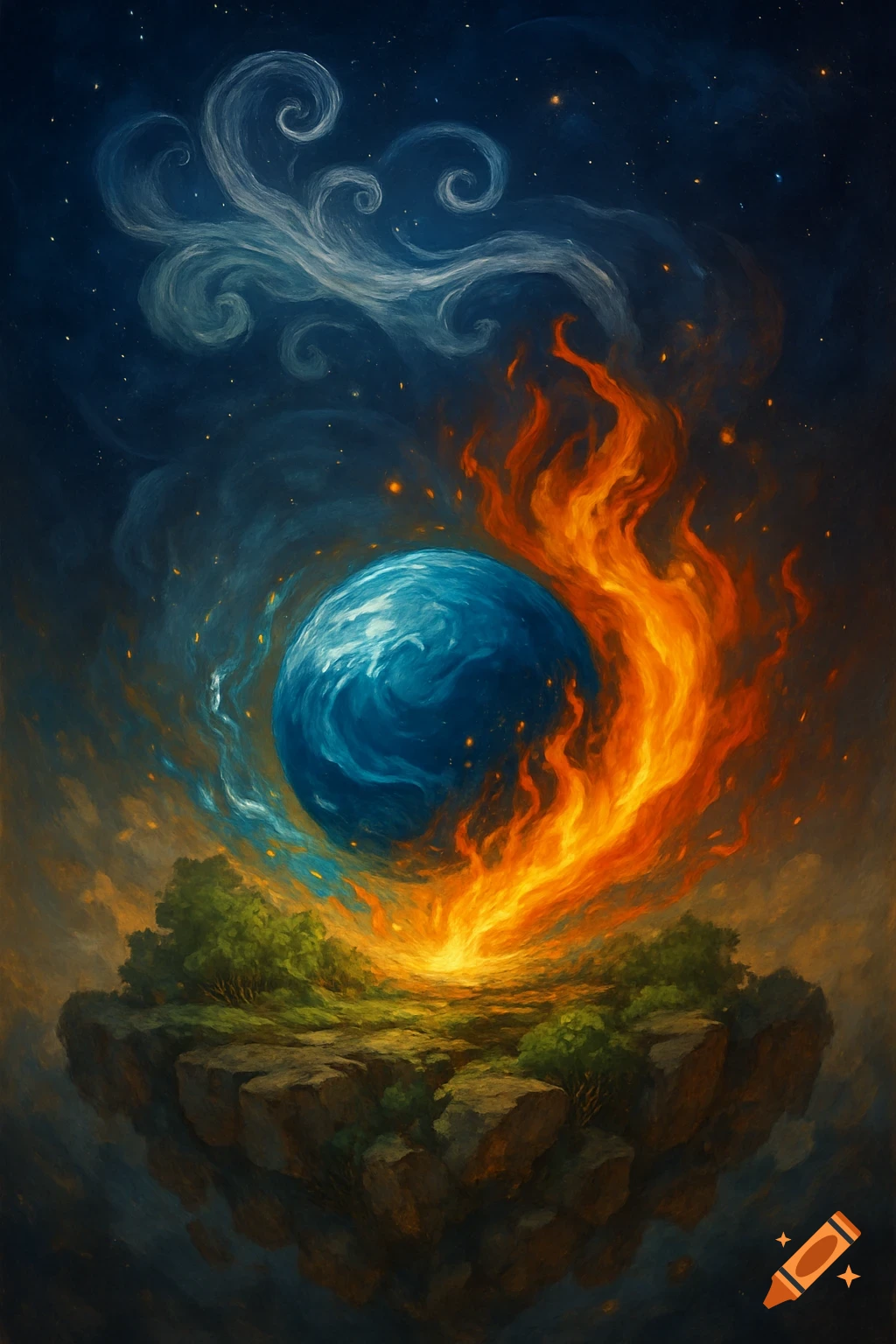 Painterly image of a blue sphere engulfed in orange flames, rising from a floating green island under a dark, starry sky with swirling clouds.
