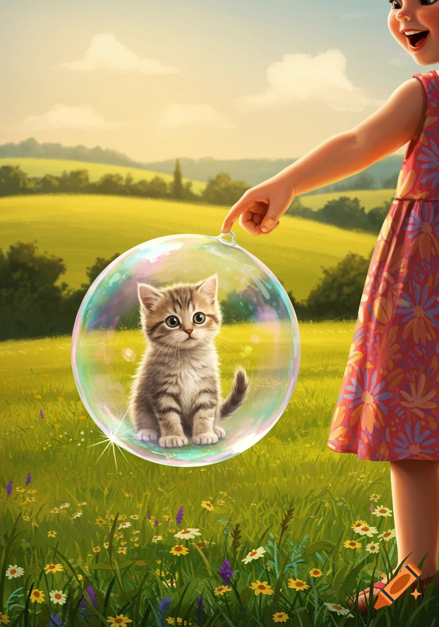 A cute tabby kitten sits inside a shimmering bubble, held by a child's finger in a sunny green field.