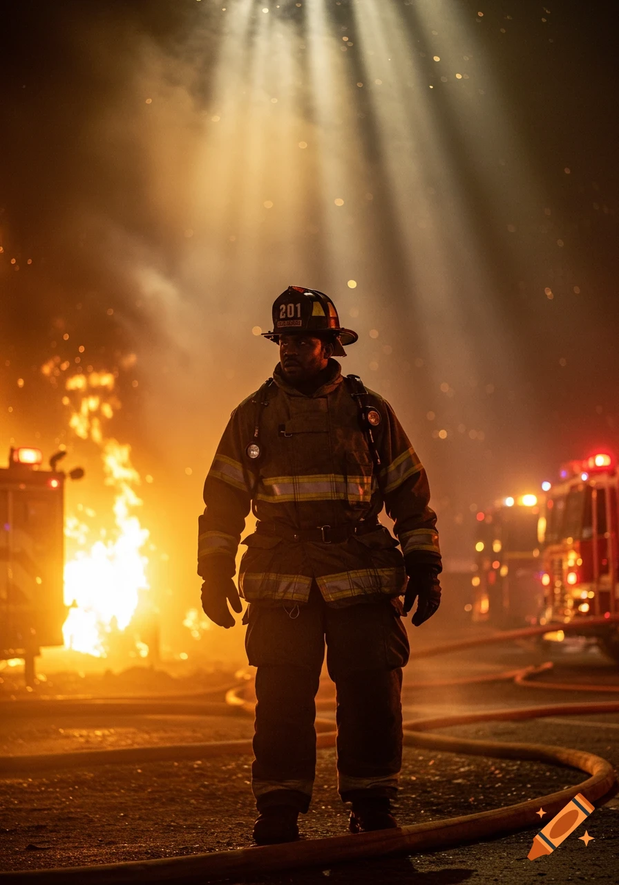 Photorealistic image of a firefighter standing in front of a raging fire and fire trucks, bathed in golden light.