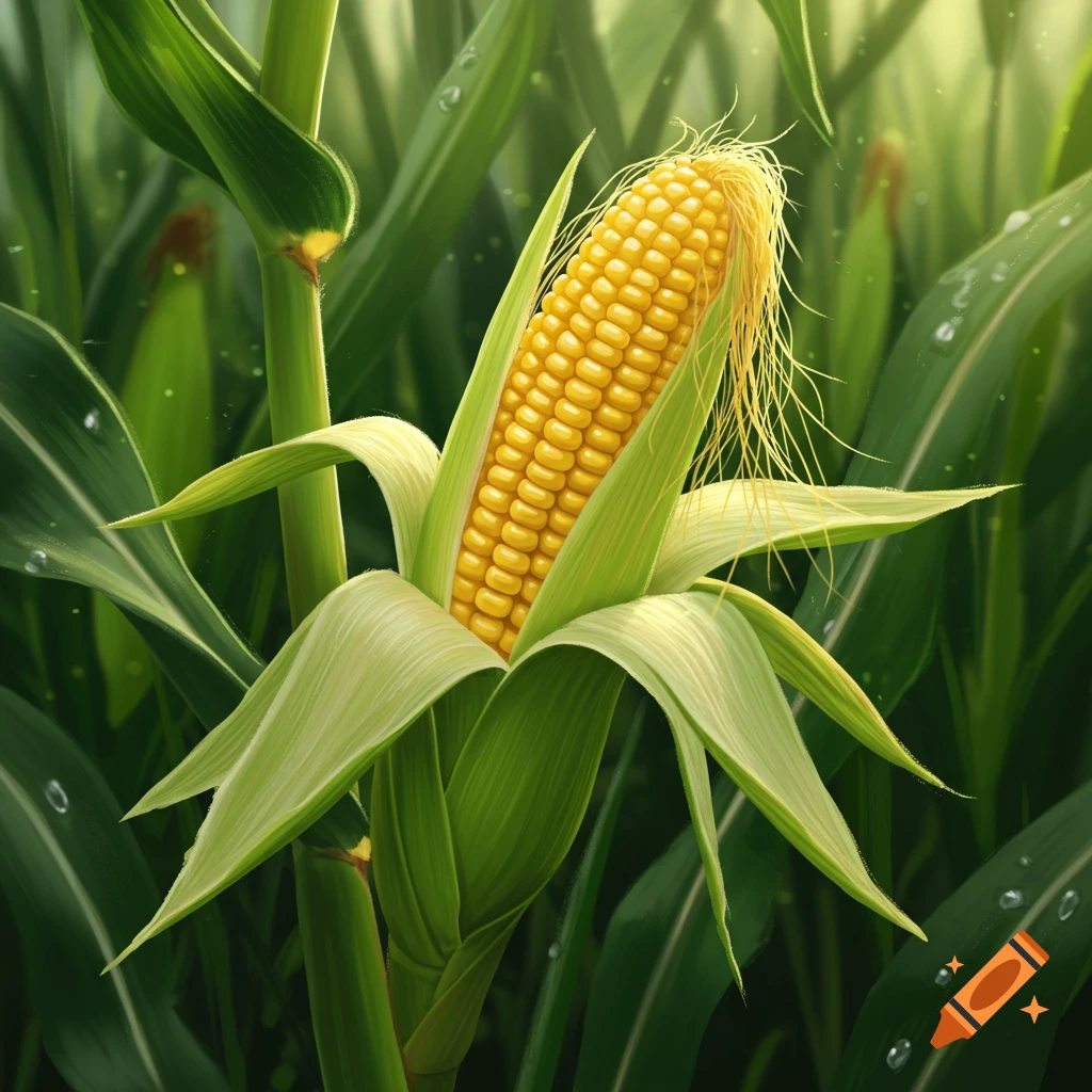 A partially husked yellow corn cob on a green stalk with water droplets in a field.