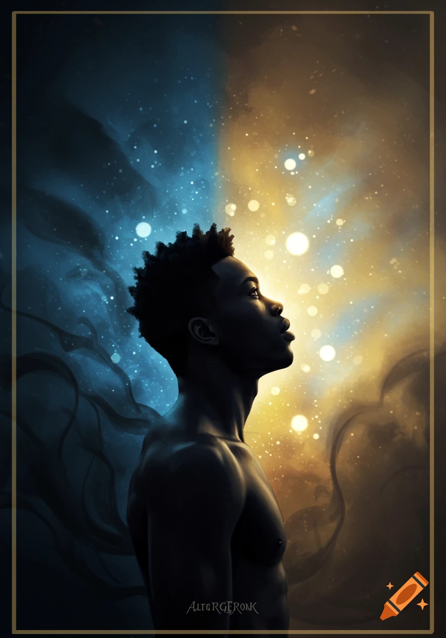 Digital art of a dark-skinned man with an afro, shirtless, looking up, silhouetted against a swirling blue and sparkling golden sky.