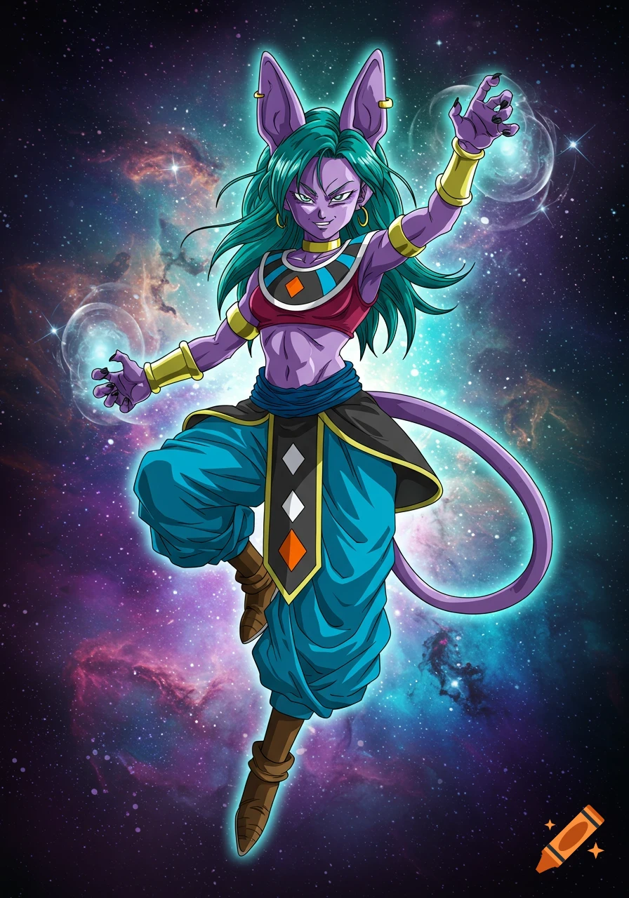 Anime-style purple-skinned, green-haired cat-like female character floating in a vibrant galaxy background, with energy spheres around her hands.