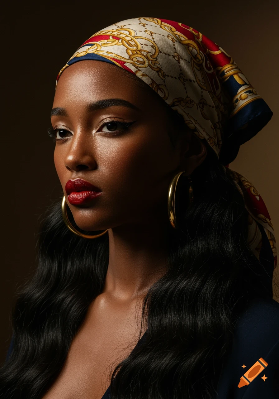 Hyper-realistic portrait of a woman with long black hair, a patterned headscarf, gold hoop earrings, and red lipstick.