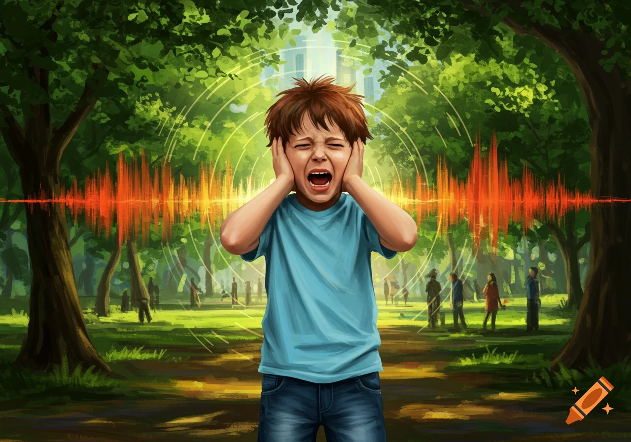 An illustration of a young boy in a park, covering his ears and screaming while an orange soundwave radiates around him.
