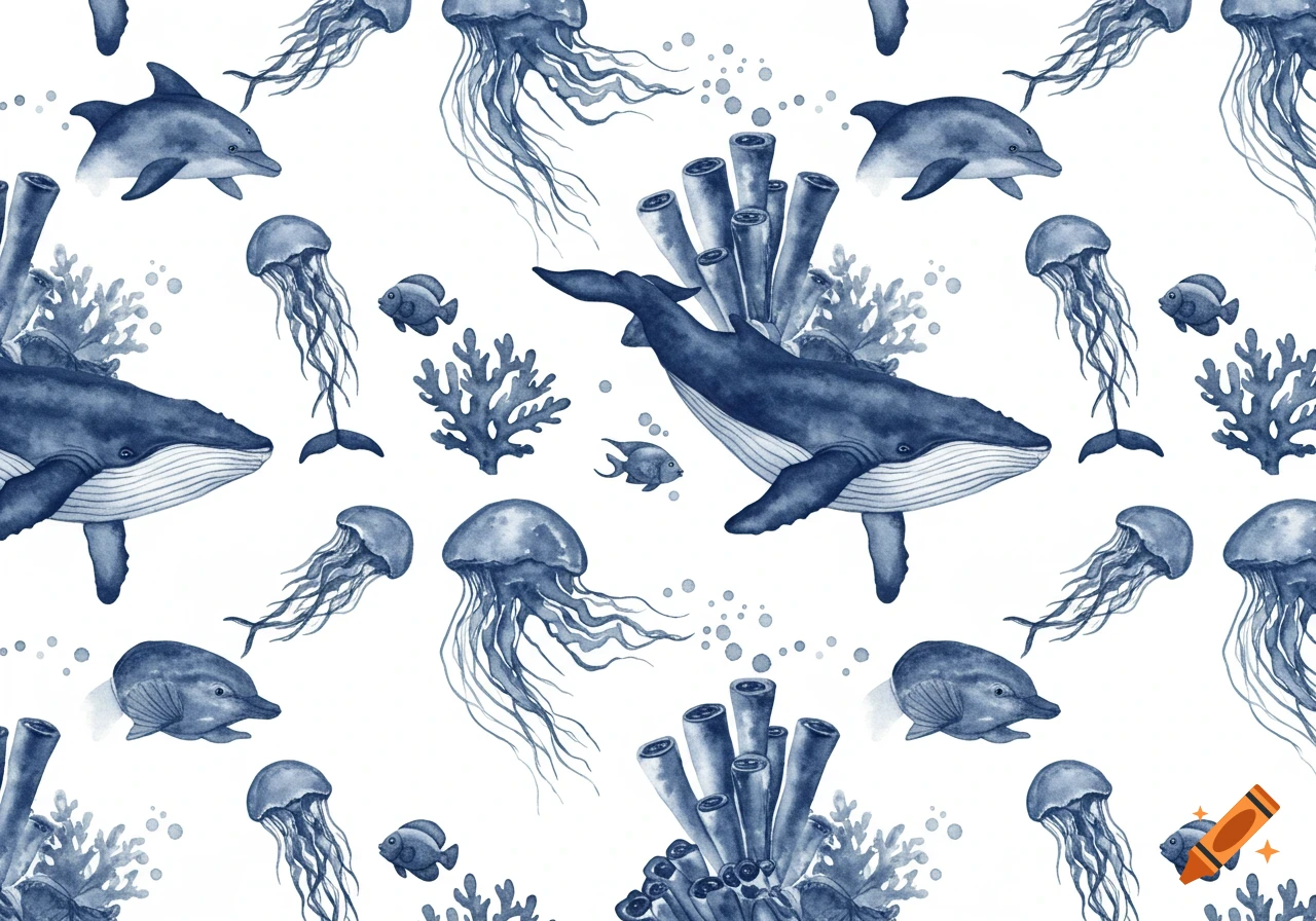 Seamless watercolor pattern of dark blue whales, dolphins, jellyfish, fish, and coral on a white background.