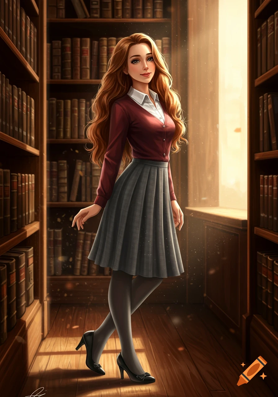 A smiling young woman with long wavy red hair, dressed in a red cardigan and gray skirt, stands in a sunlit library aisle. Illustrative style.