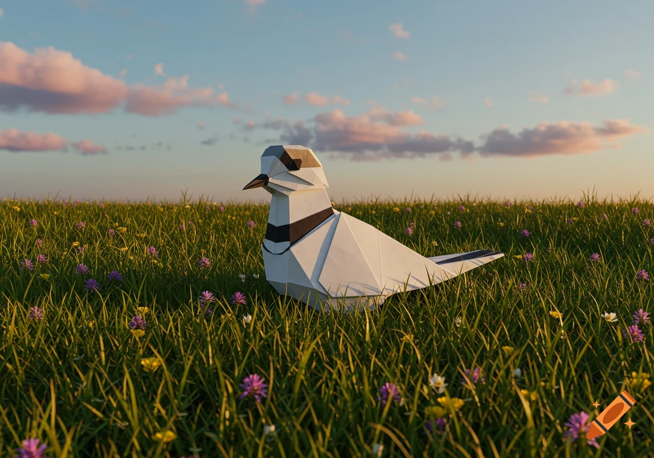 An origami bird, resembling a Killdeer, sits in a vibrant green field with small purple and yellow wildflowers under a blue sky with pink clouds.