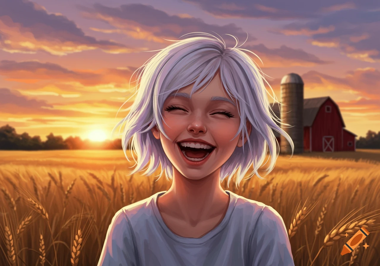 Anime-style digital painting of a happy girl with white hair laughing in a golden wheat field at sunset, with a red barn in the background.