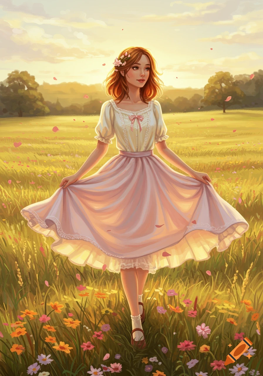 A young woman in a white blouse and pink dress walks through a vibrant flower field at sunset, illustration style.