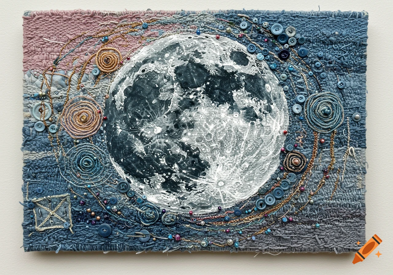An eclectic mixed-media textile wall hanging featuring a full moon, crafted with cloth, yarn, buttons, pins, thread, and paint.