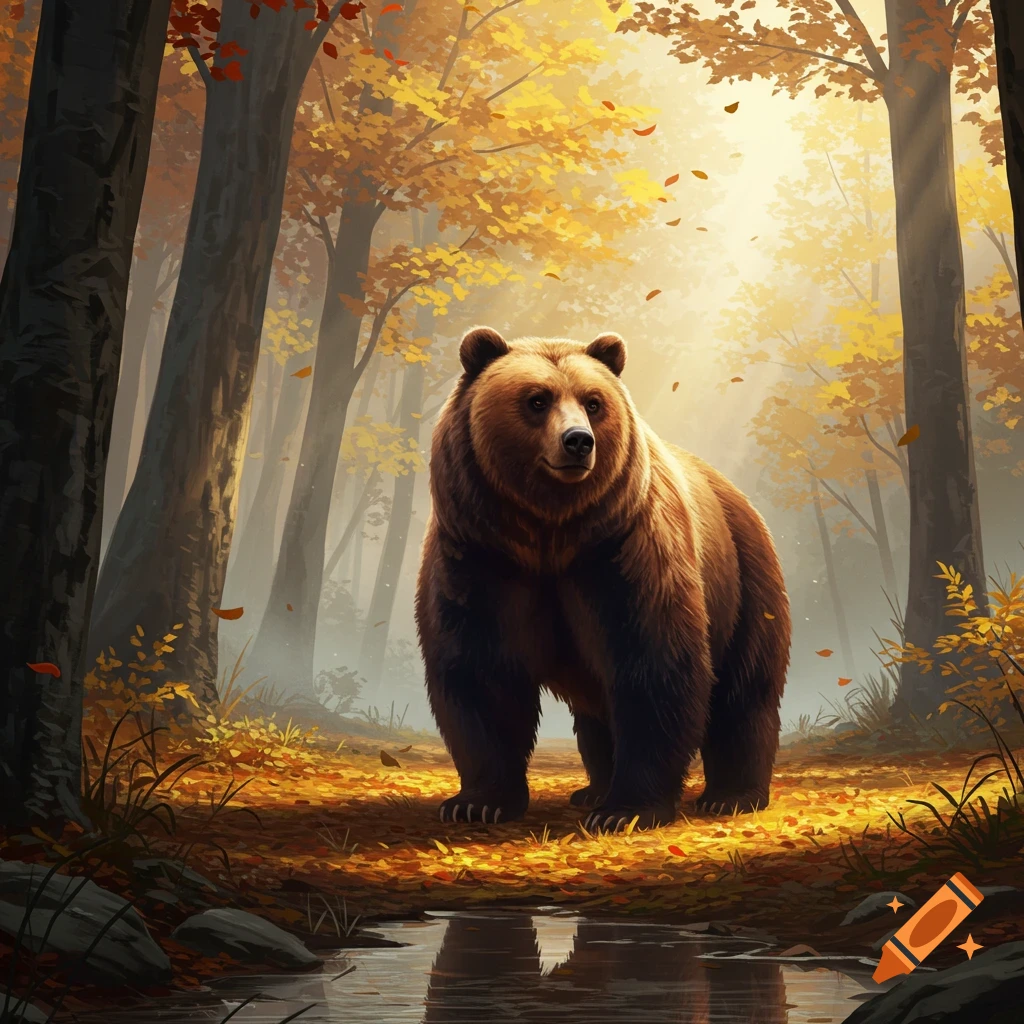 A large brown bear stands in a sunlit autumn forest with golden leaves and a small stream reflecting trees.