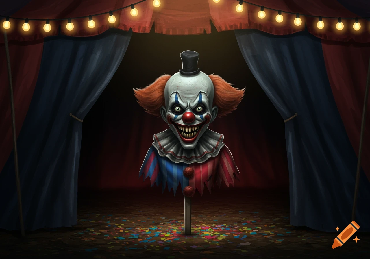 Creepy clown bust with sharp teeth, red hair, and top hat in a dark circus tent with string lights and confetti.