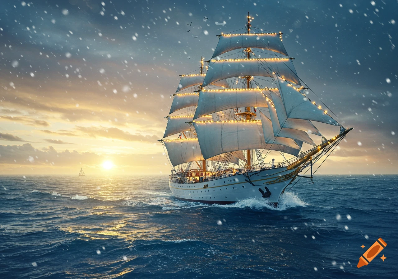 A majestic sailing ship adorned with lights navigates a snowy, choppy ocean at sunset, with another sailboat in the distance.