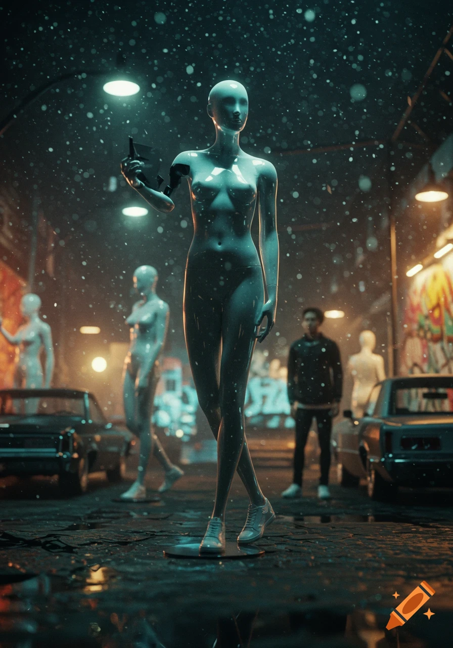 Photorealistic image of a metallic mannequin with a broken arm standing in a rainy alley with cars, a man, and graffiti in the background, creating a cinematic, dreamlike atmosphere.