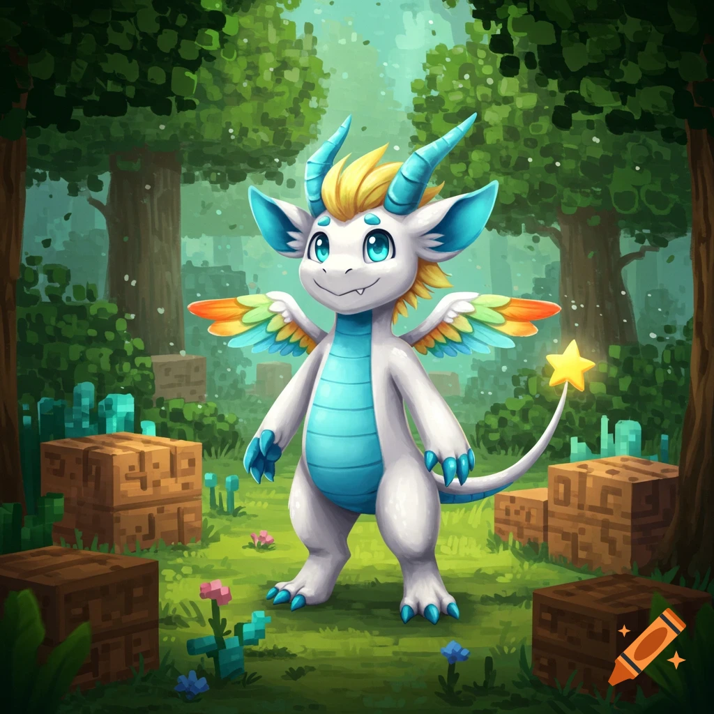 A cute, toony white dragon with rainbow wings and cyan features stands in a magical Minecraft forest.