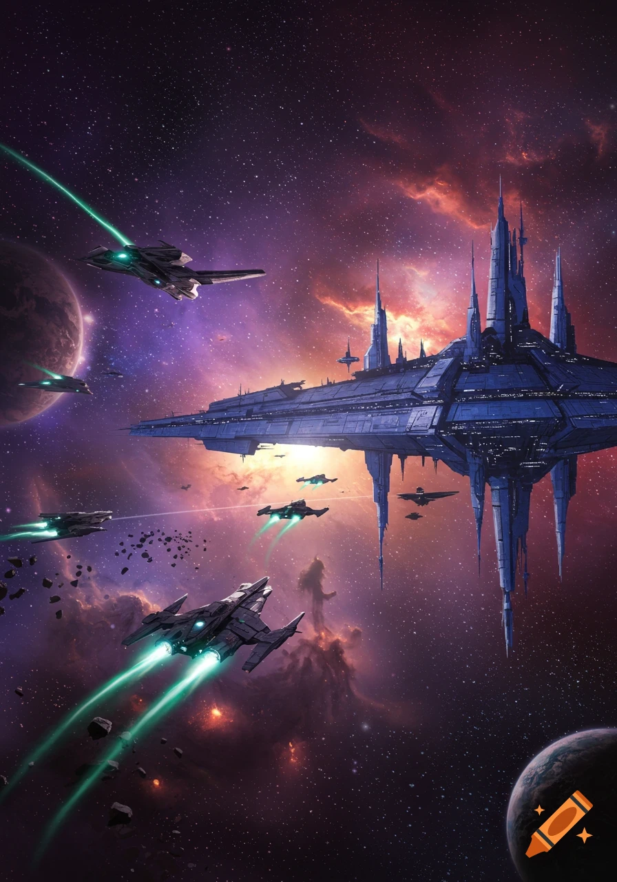 A large futuristic space station and several sleek spaceships fly through a nebula-filled galaxy with distant planets.