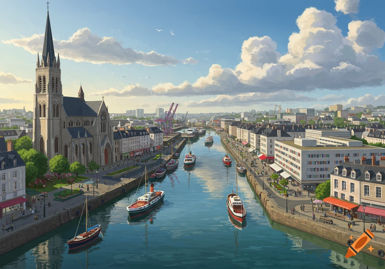 A stylized canal city with a tall church spire, boats on the water, and buildings lining the banks under a blue sky.