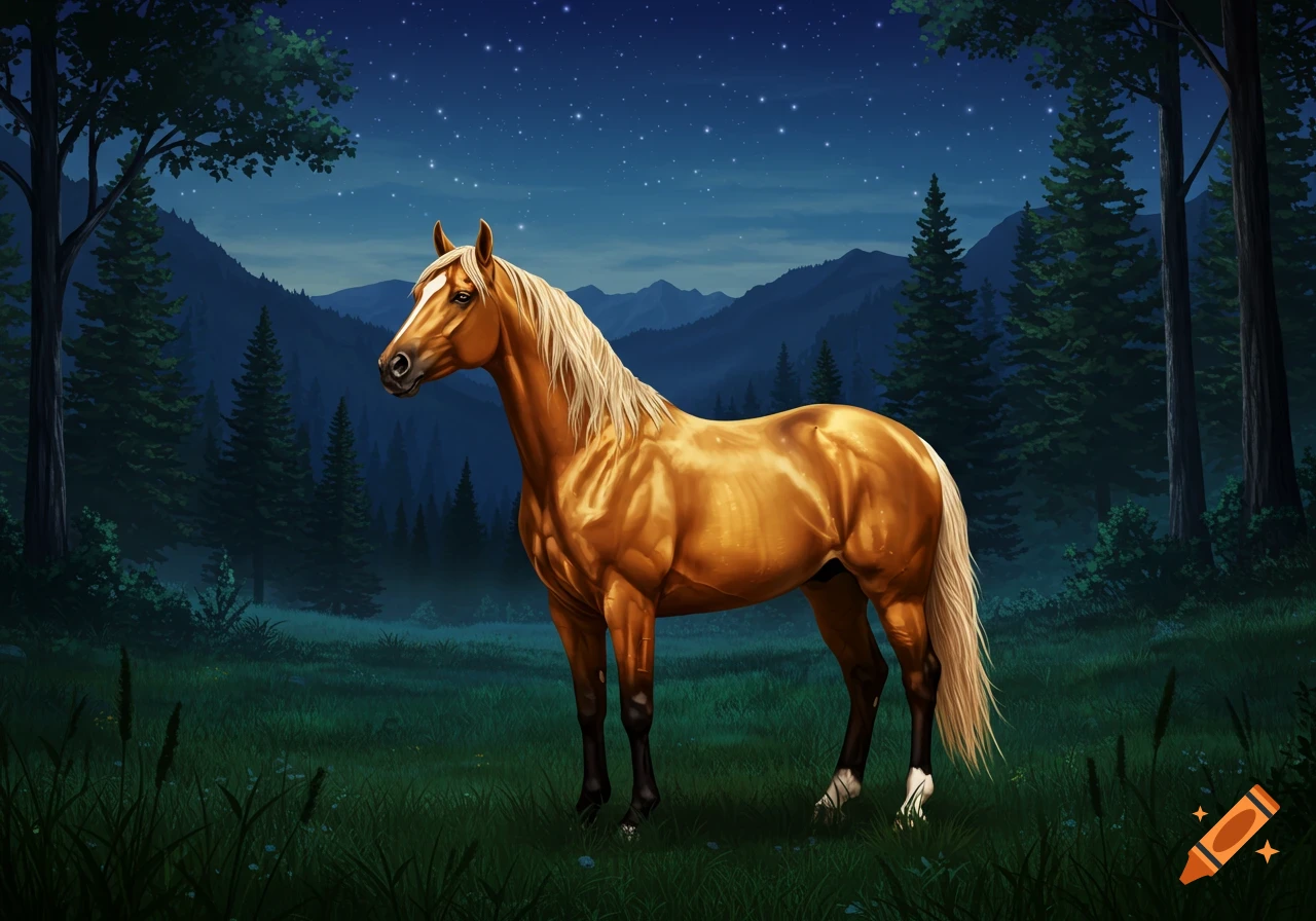 A golden buckskin horse stands in a dark forest mountain valley under a starry night sky.