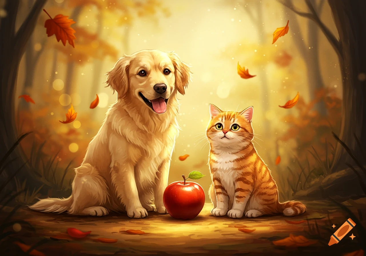 A golden retriever dog and an orange tabby cat sit together with a red apple amidst falling autumn leaves in a warm, illustrated forest.