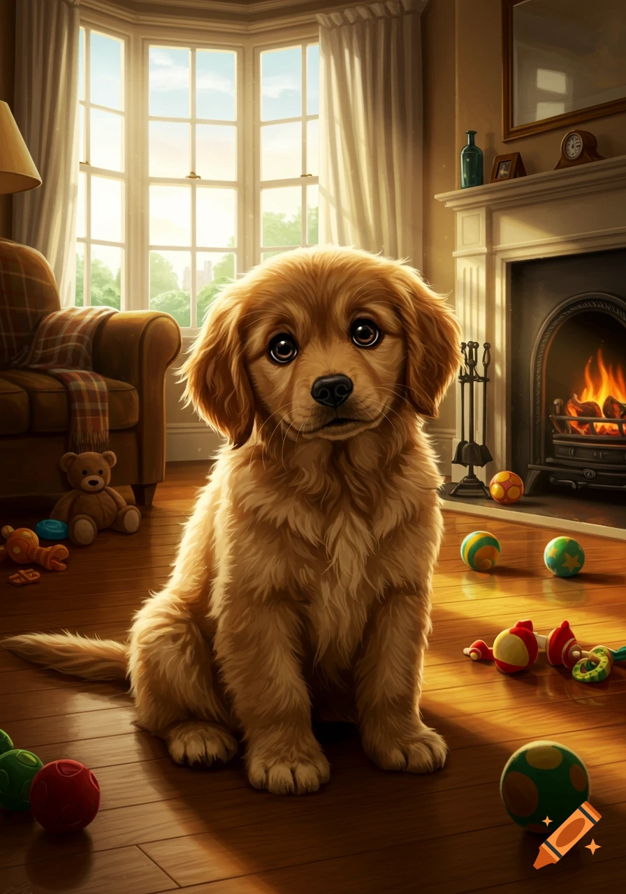 A cute golden retriever puppy sits on a wooden floor in a sunny living room with a fireplace and toys.