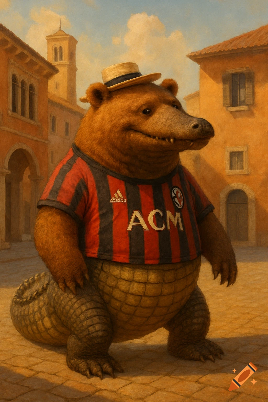 A cartoonish bear-crocodile hybrid wearing a straw hat and AC Milan jersey in an Italian piazza, painterly style.