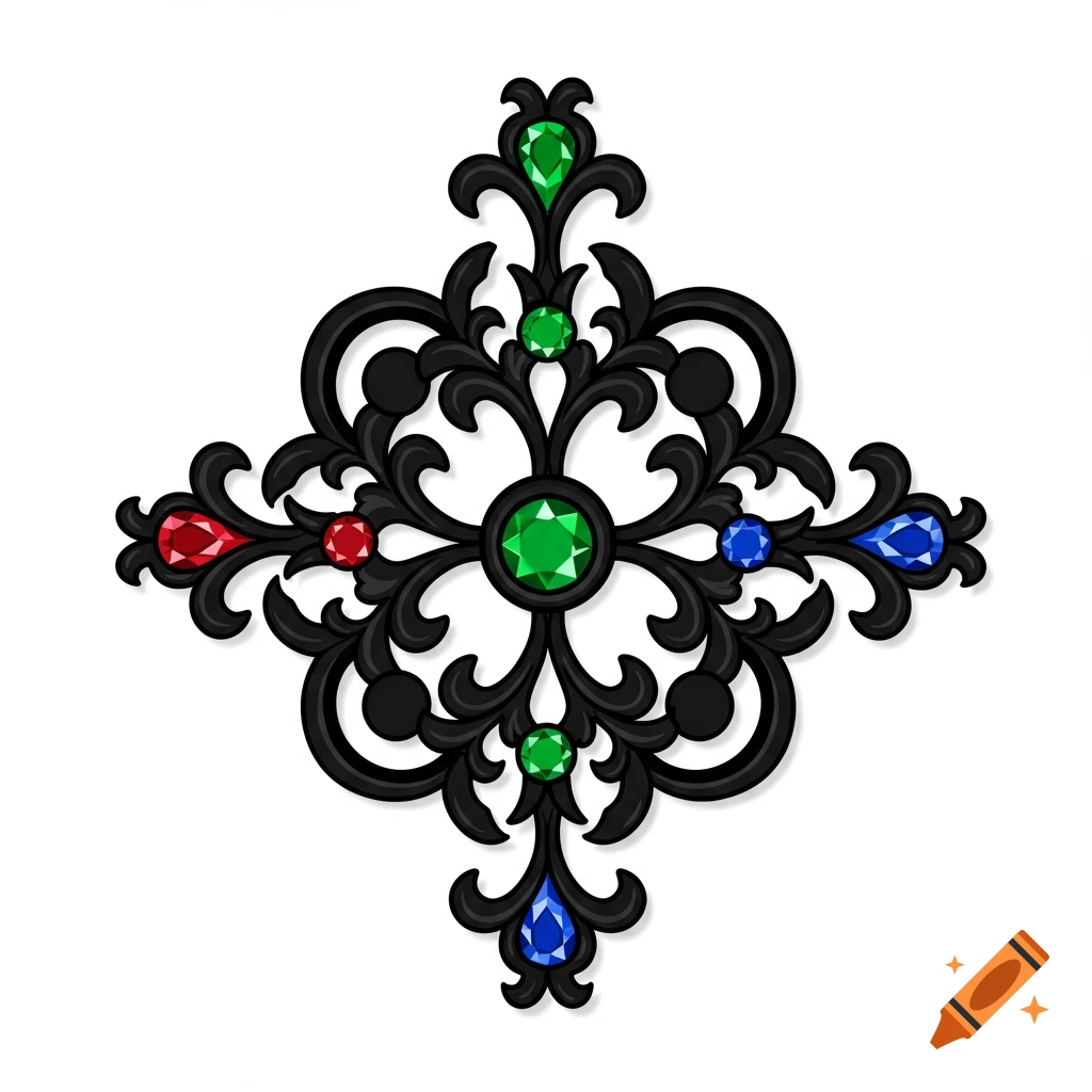 A symmetrical black gothic ornamental frame with red, green, and blue gemstones.
