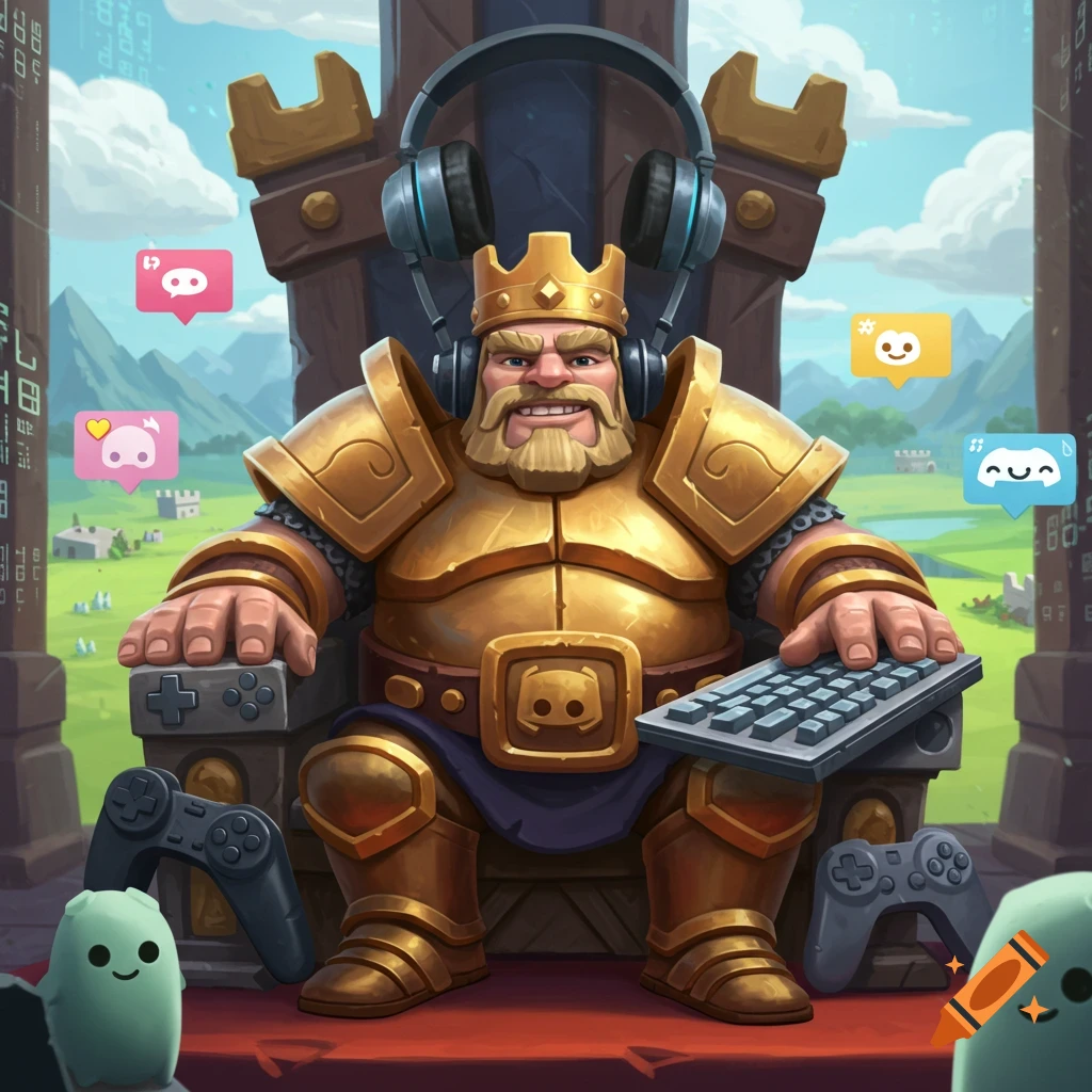 Cartoon Barbarian King in gold armor on a throne, wearing headphones, holding game controller and keyboard, with floating gaming icons.
