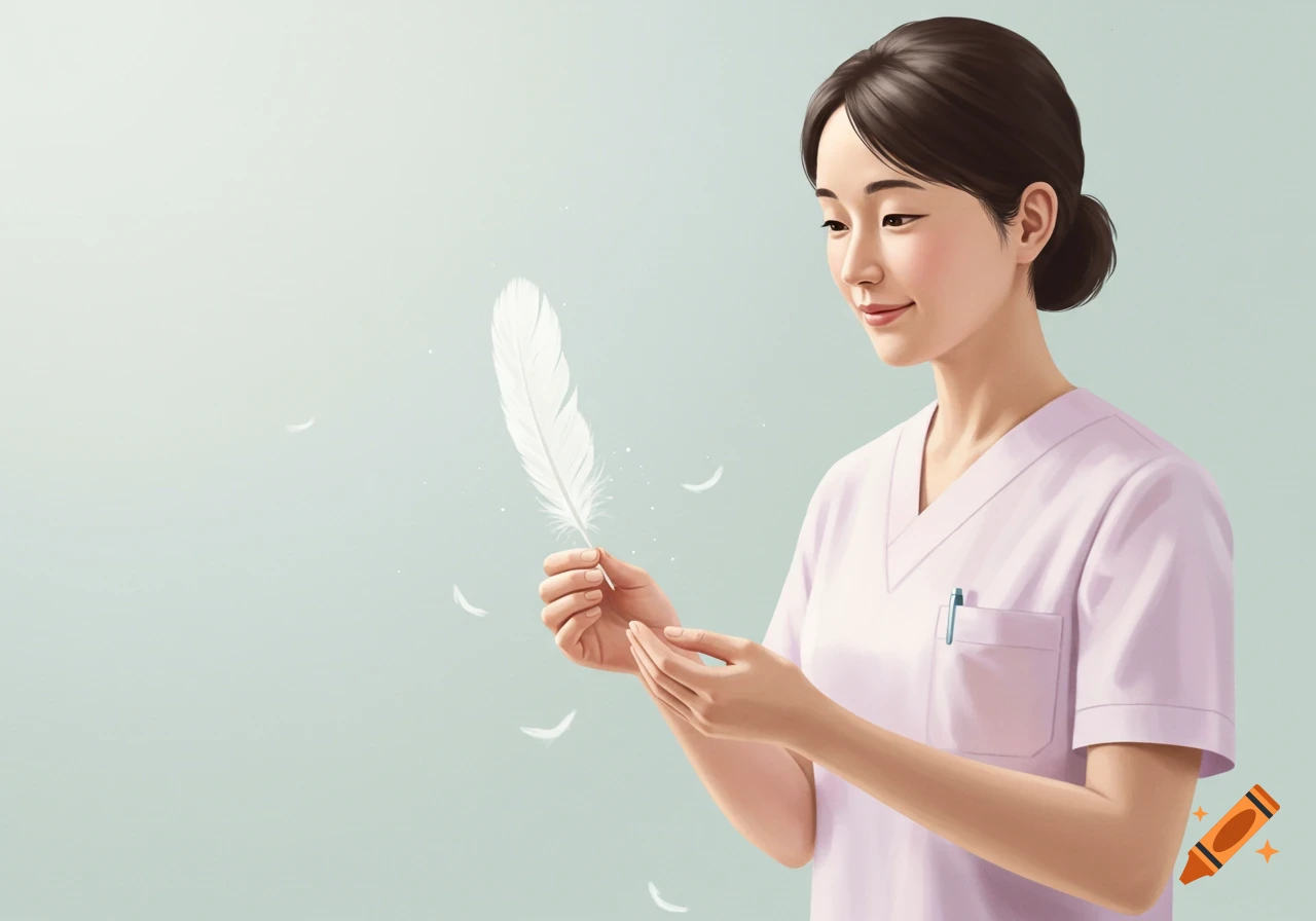 A woman in a pink medical uniform gently holds a white feather in a soft illustrative style.