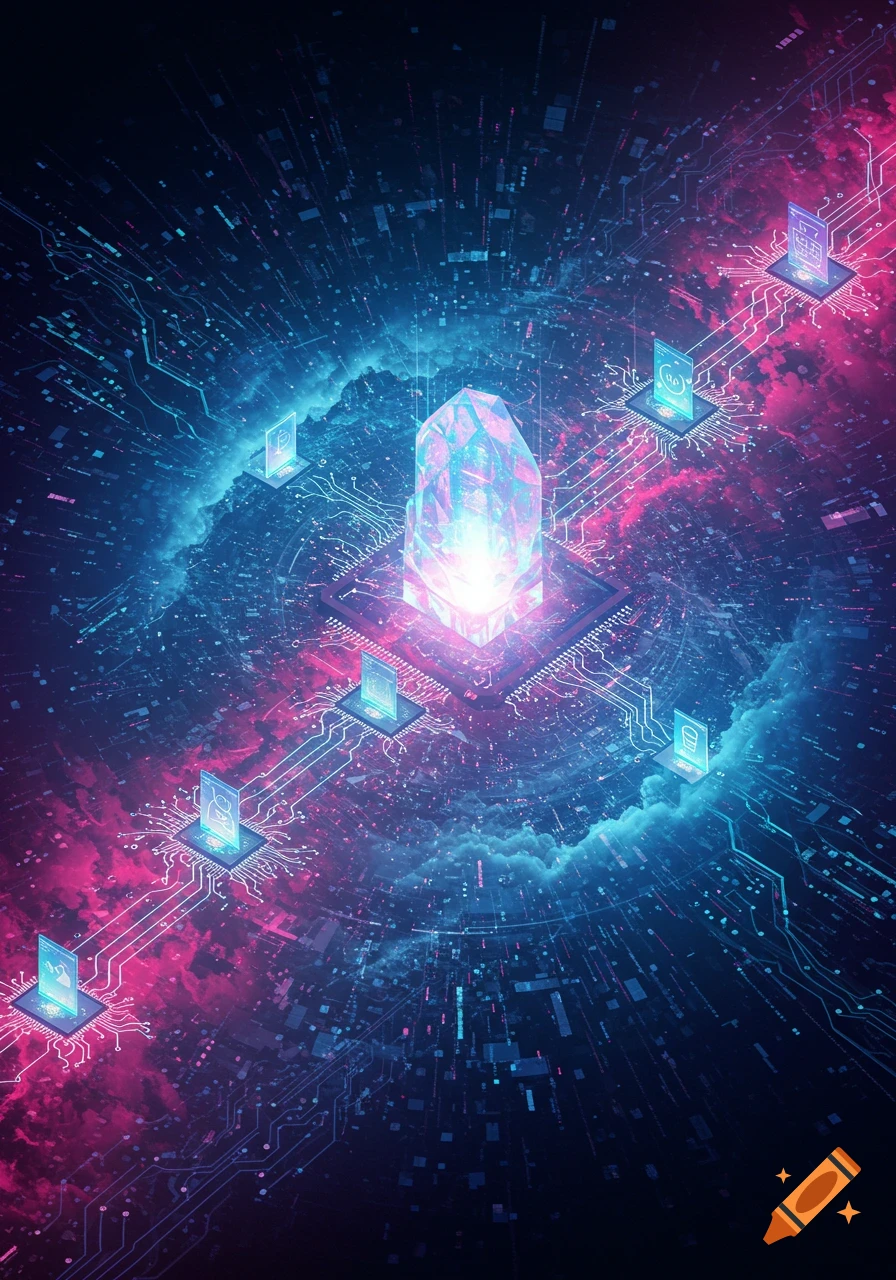 A vibrant, futuristic abstract image of a glowing crystal processor on a circuit board, surrounded by interconnected digital platforms and swirling blue and pink energy.