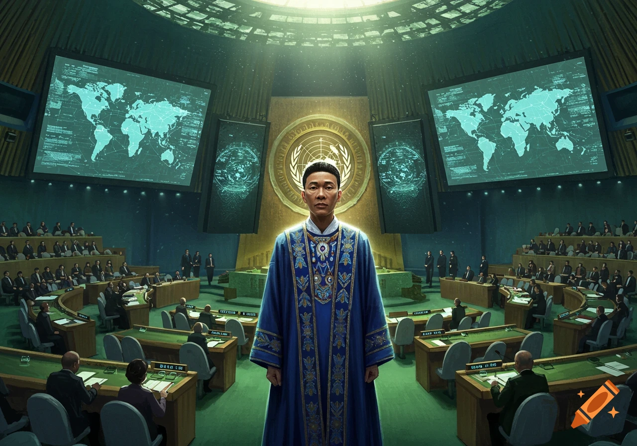 A male leader in an ornate blue robe stands in a modern assembly hall with world maps on screens and seated delegates.