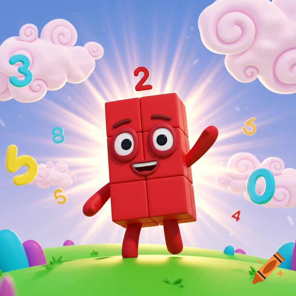 A happy red block character, Numberblock Four, stands on a green hill with numbers 2, 3, 4, 5, 8, and 0 floating in the sunny blue sky.
