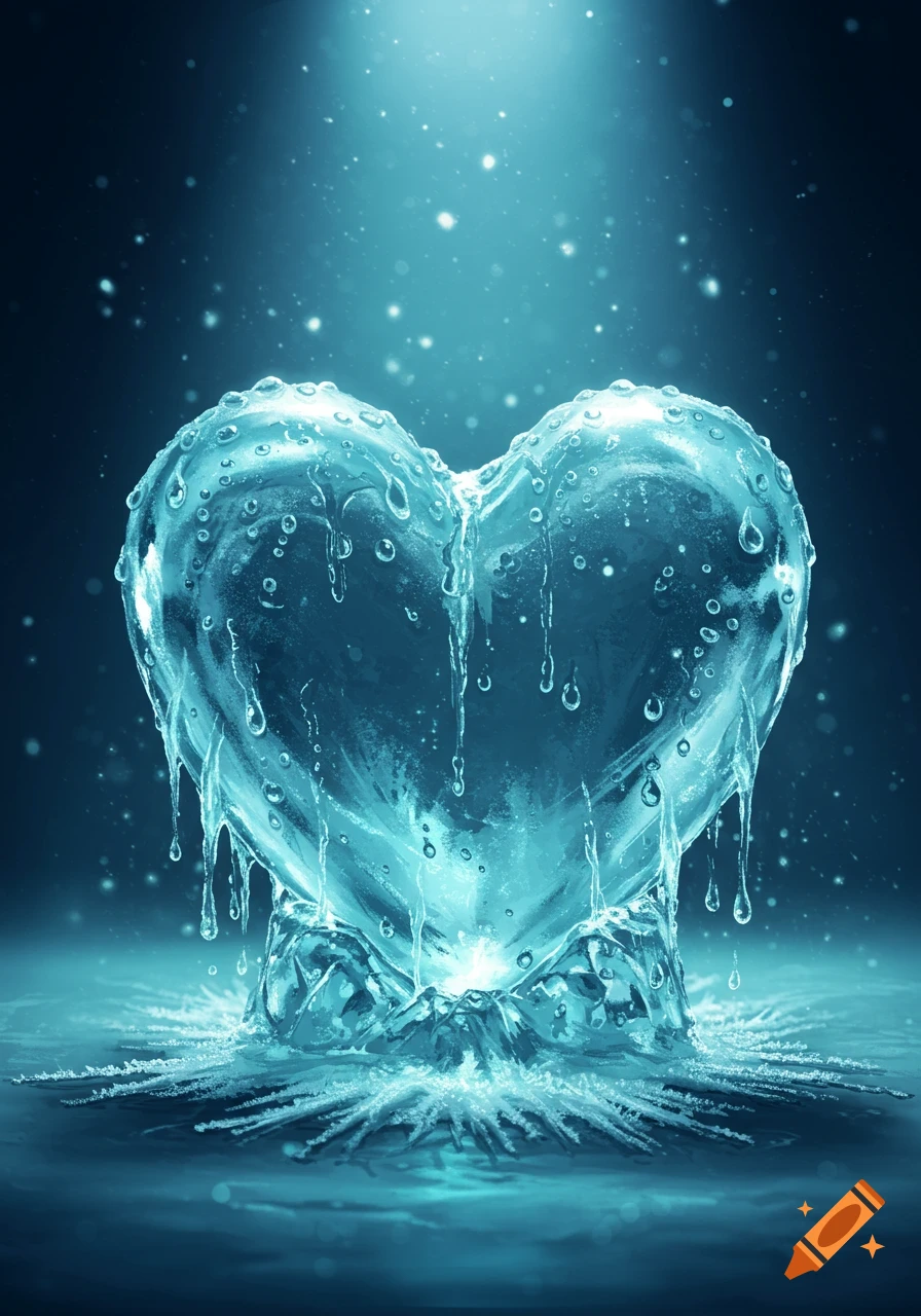 A glowing blue ice heart melting with water droplets and splashes, set against a dark, shimmering background with light particles.