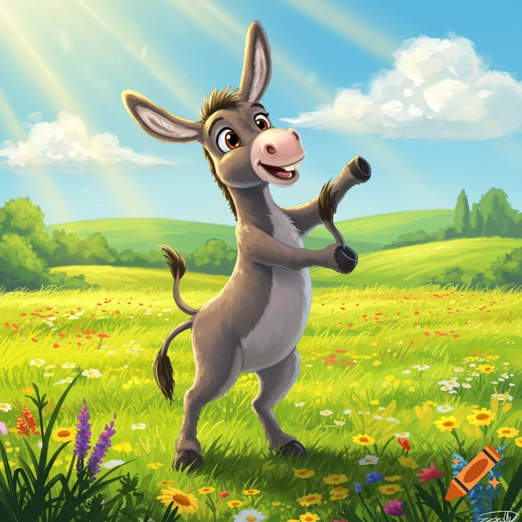 A cheerful cartoon donkey stands in a vibrant green meadow filled with wildflowers under a sunny blue sky.