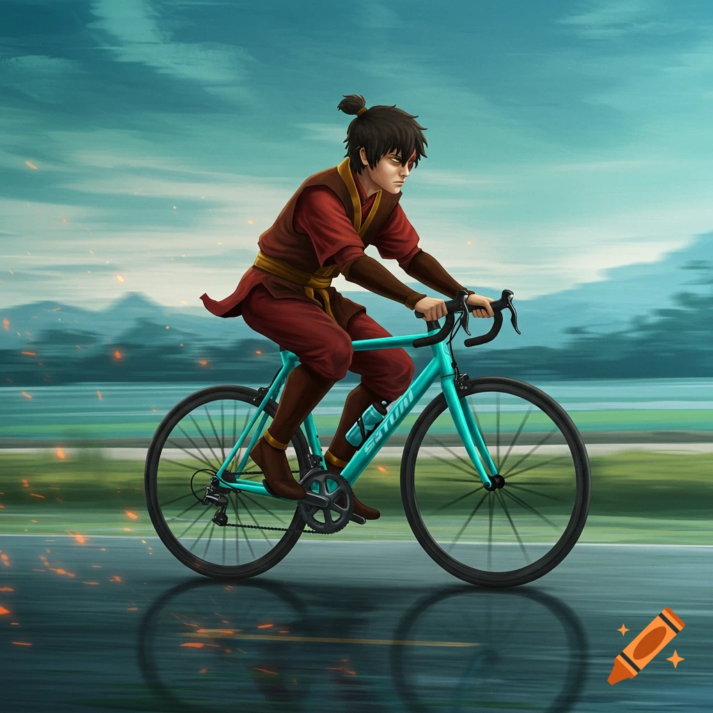 Zuko from Avatar rides a turquoise racing bicycle on a paved road, with a blurry, stormy landscape in the background, in an anime art style.