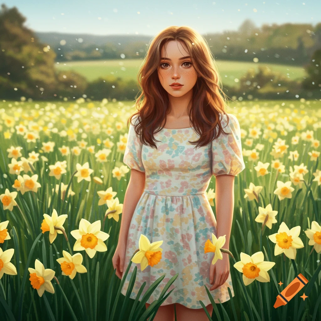 A young woman with long brown hair stands in a sunlit field of yellow daffodils. Digital illustration.