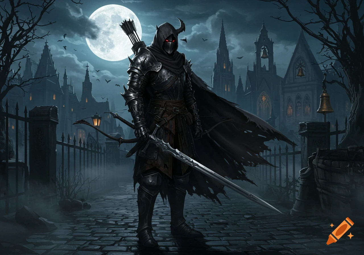 A dark fantasy warrior in horned armor, with a sword and bow, stands on a cobblestone street before gothic buildings under a full moon.