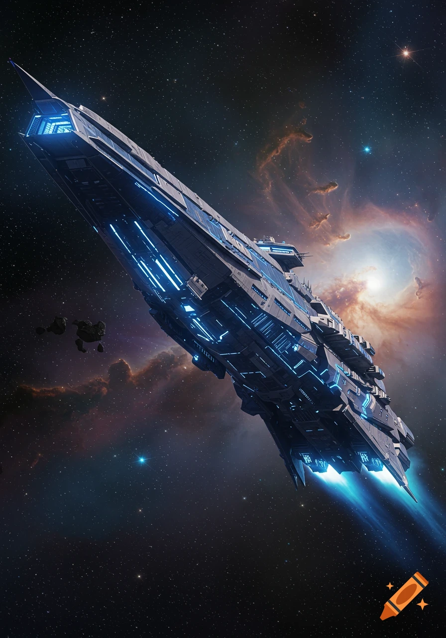 A futuristic dreadnought spaceship with blue lights flies through a starry space with colorful nebulas and asteroids.