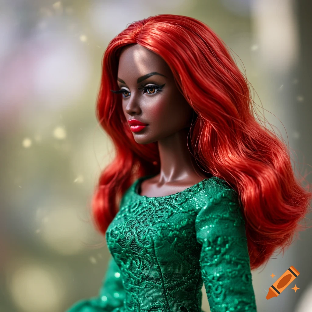 Close-up of a photorealistic, dark-skinned doll with vibrant red hair and a sparkling green dress, looking to the side.