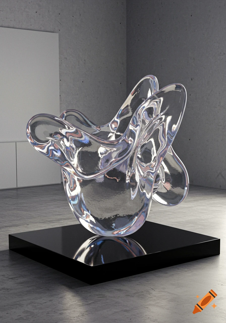 A clear, abstract glass sculpture with complex curves and reflections sits on a glossy black pedestal in a modern, minimalist room with concrete walls.