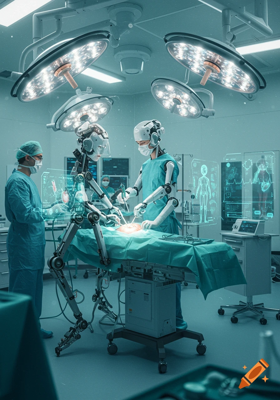 A futuristic operating room with human surgeons and AI robots performing surgery, surrounded by holographic displays showing medical data.