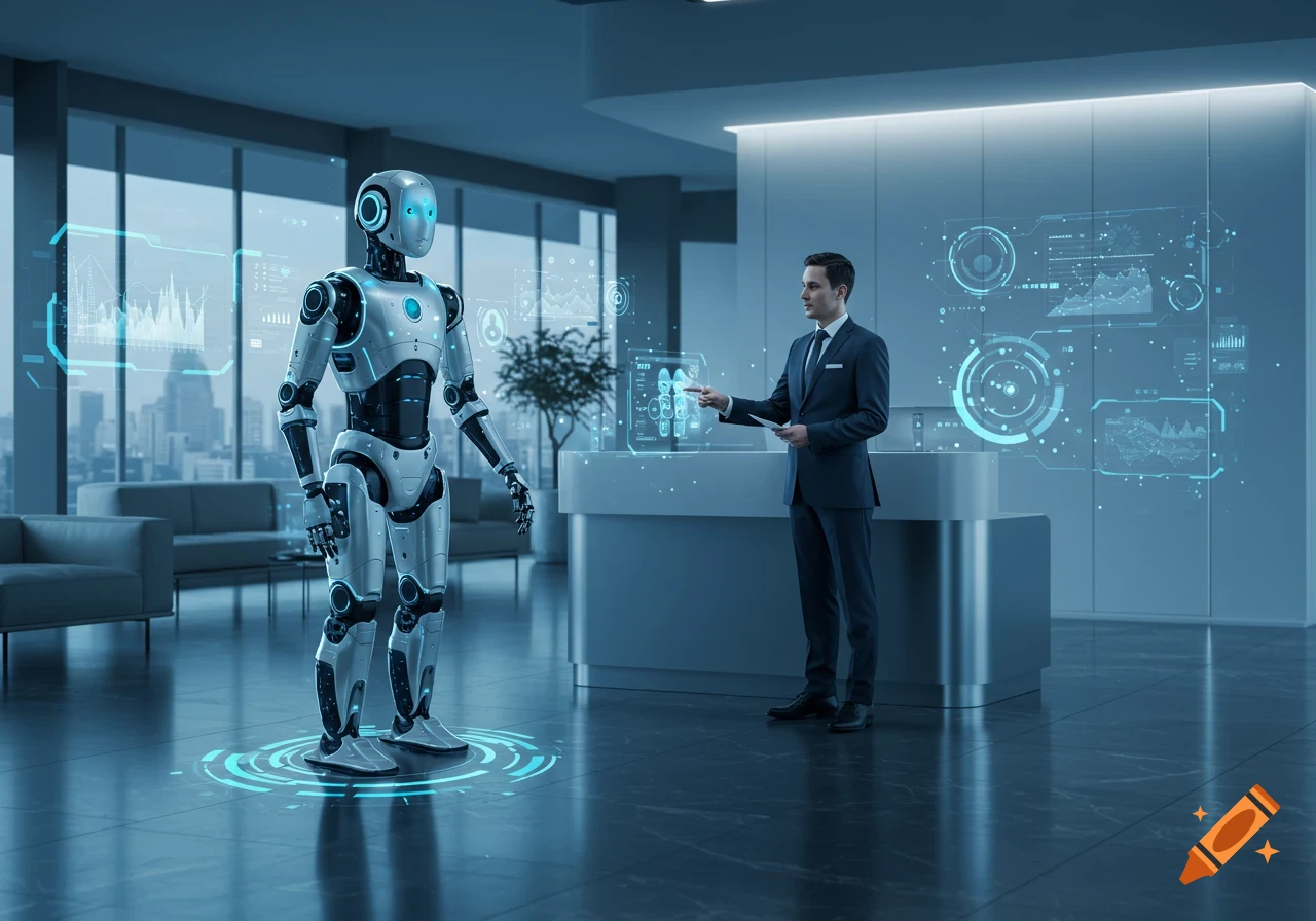 A businessman in a suit interacts with a sleek robot and holographic data displays in a modern, blue-lit office.